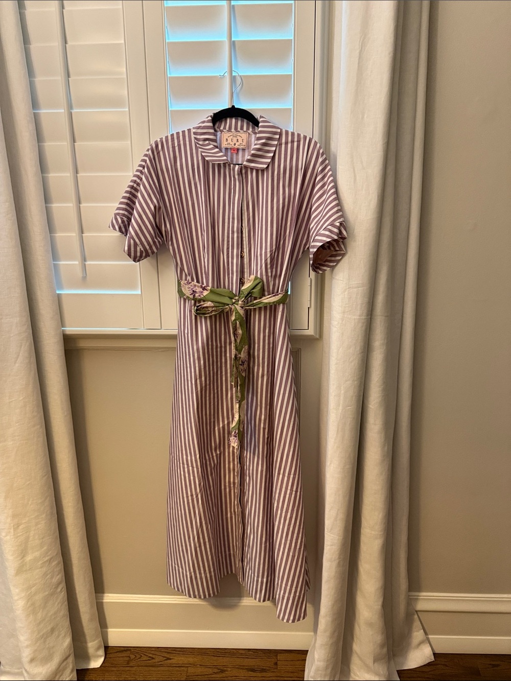 Striped Lavender Midi Shirt Dress with Floral Sash - Picture 2 of 4